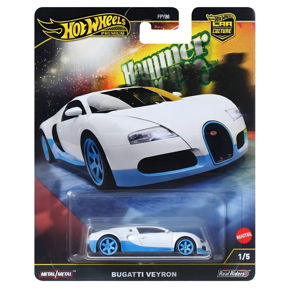 Hot Wheels Premium Bugatti Veyron blanco y azul, miniatura 1:64 de la colección Hammer Drop