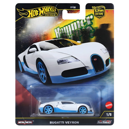 Hot Wheels Premium Bugatti Veyron blanco y azul, miniatura 1:64 de la colección Hammer Drop