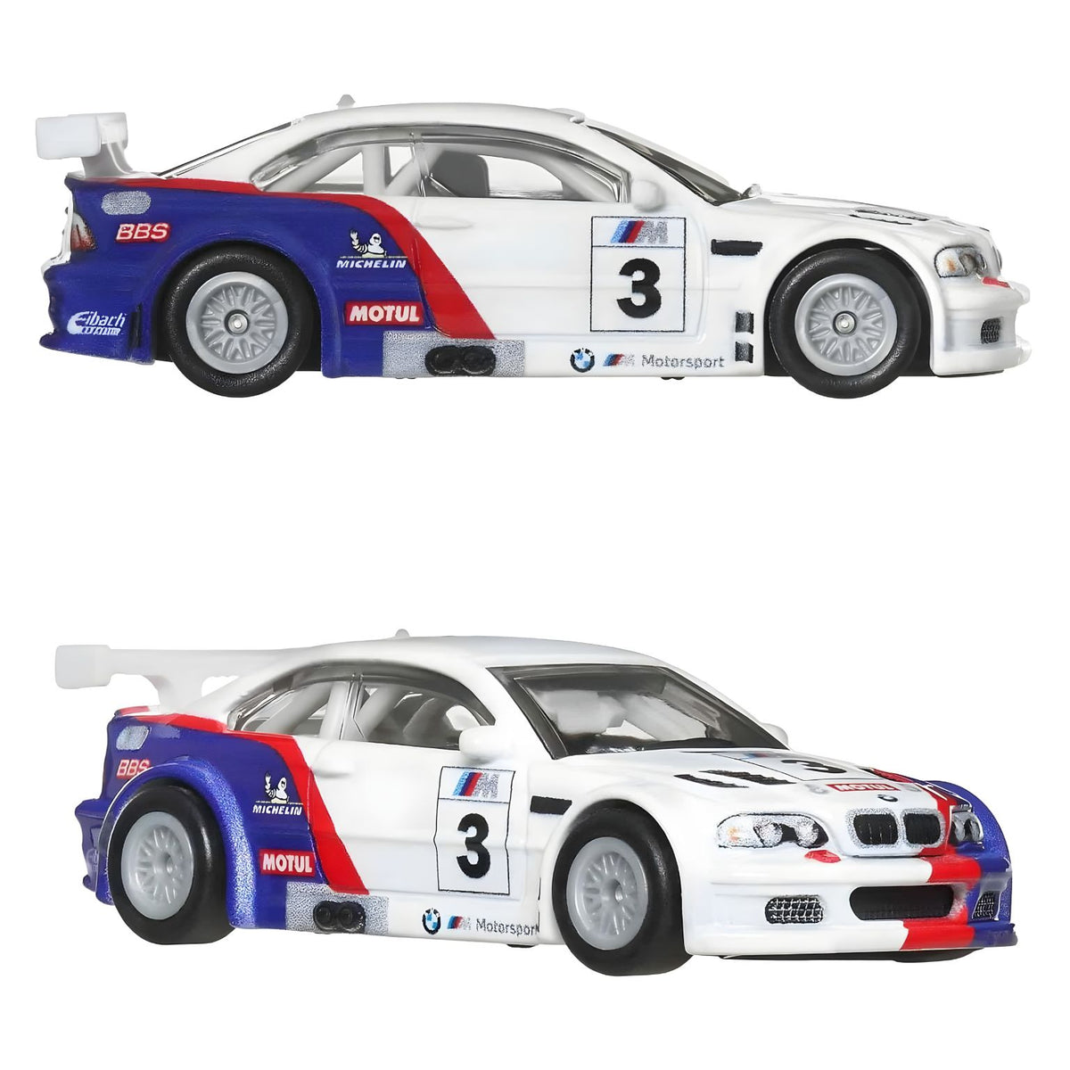 Dos miniaturas BMW Hot Wheels Premium, BMW 320 Group 5 y 2001 BMW M3 GTR con decoración de competición