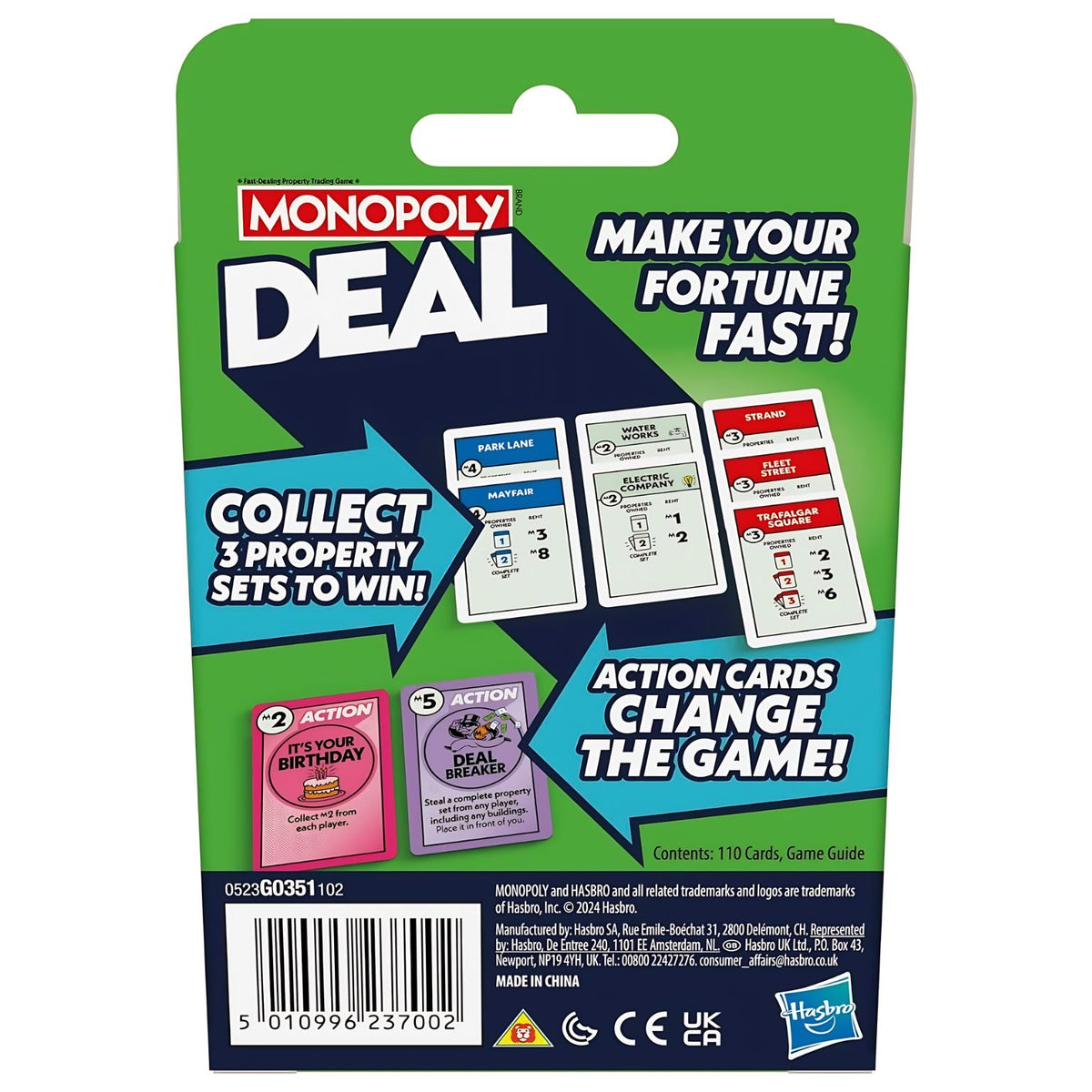 Monopoly Deal en inglés de Hasbro, caja y cartas del juego en primer plano