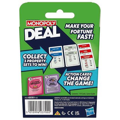 Monopoly Deal en inglés de Hasbro, caja y cartas del juego en primer plano