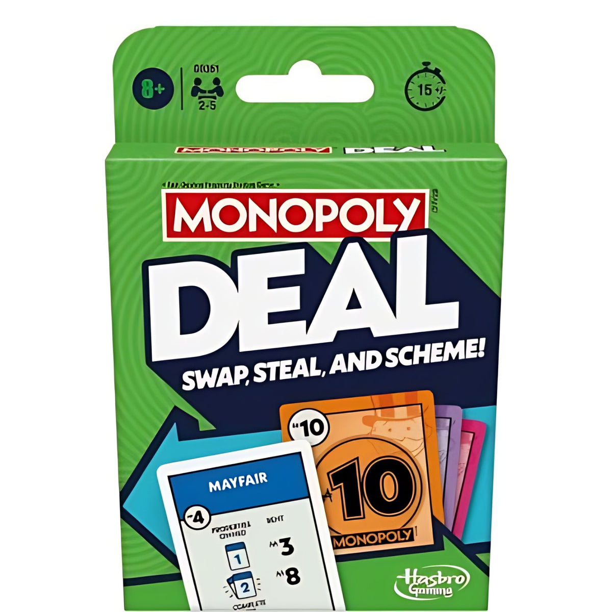 Caja verde del juego de cartas Monopoly Deal en inglés de Hasbro con cartas ilustradas