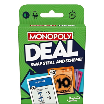 Caja verde del juego de cartas Monopoly Deal en inglés de Hasbro con cartas ilustradas