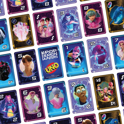 Cartas temáticas del Juego Uno K-Pop Demon Hunters con look inspirado en el universo K-Pop