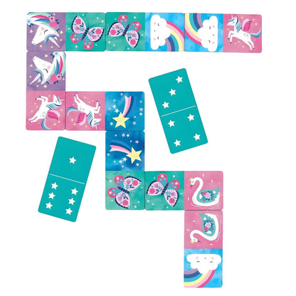 Juego de Dominó Unicornio de Mudpuppy con unicornios, arcoíris, nubes y mariposas