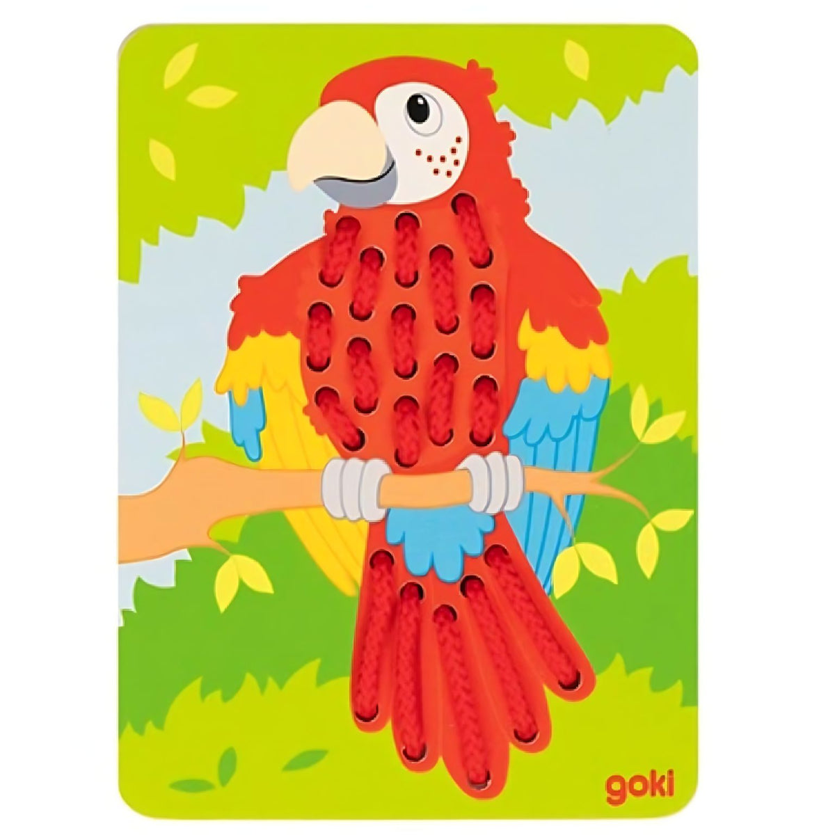 Jogo de enfiamento Goki 58686 com papagaio, leão e zebra ilustrados.