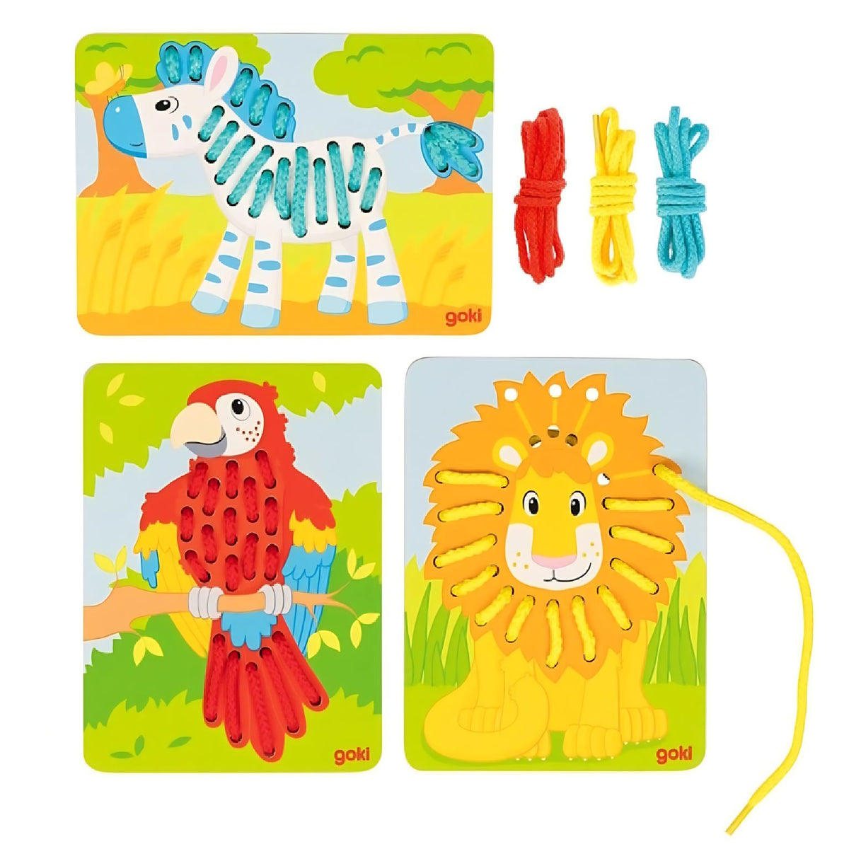 Jogo com fio da Goki com placas de madeira ilustradas de animais e cordões coloridos.