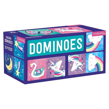 Juego de Dominó Unicornio de Mudpuppy con unicornios, arcoíris, nubes y mariposas
