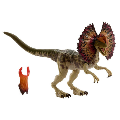 Vista del Dilophosaurus Jurassic World Hammond Collection con presencia icónica