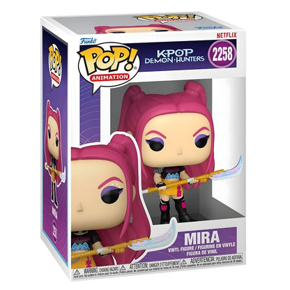 Funko Pop K-Pop Demon Hunters Mira con pelo rosa y arma decorativa