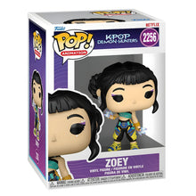 Funko Pop Zoey K-Pop Demon Hunters com cabelo preto, roupa turquesa e azul e acessórios brilhantes