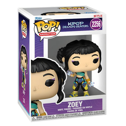 Funko Pop Zoey K-Pop Demon Hunters con pelo negro, ropa turquesa y azul y accesorios brillantes