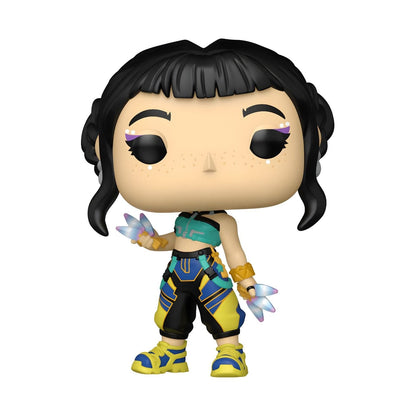 Funko Pop Zoey K-Pop Demon Hunters con pelo negro, ropa turquesa y azul y accesorios brillantes