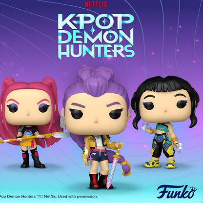 Funko Pop Zoey K-Pop Demon Hunters con pelo negro, ropa turquesa y azul y accesorios brillantes