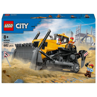 Lego City - Bulldozer Amarillo con figuras de construcción y cuchilla frontal en una obra