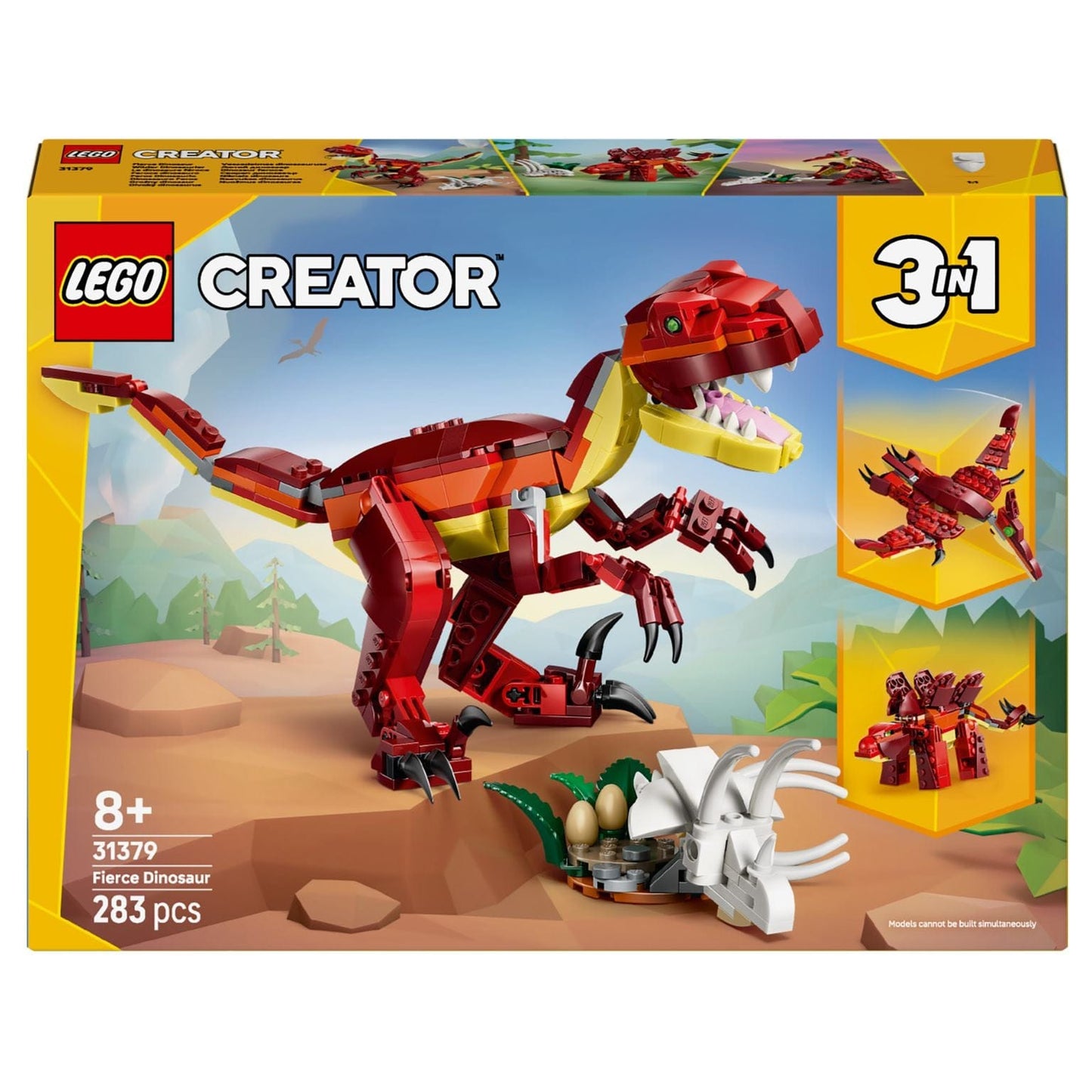 Lego Creator Dinossauro Feroz vermelho em construção com cenário pré-histórico e ninho