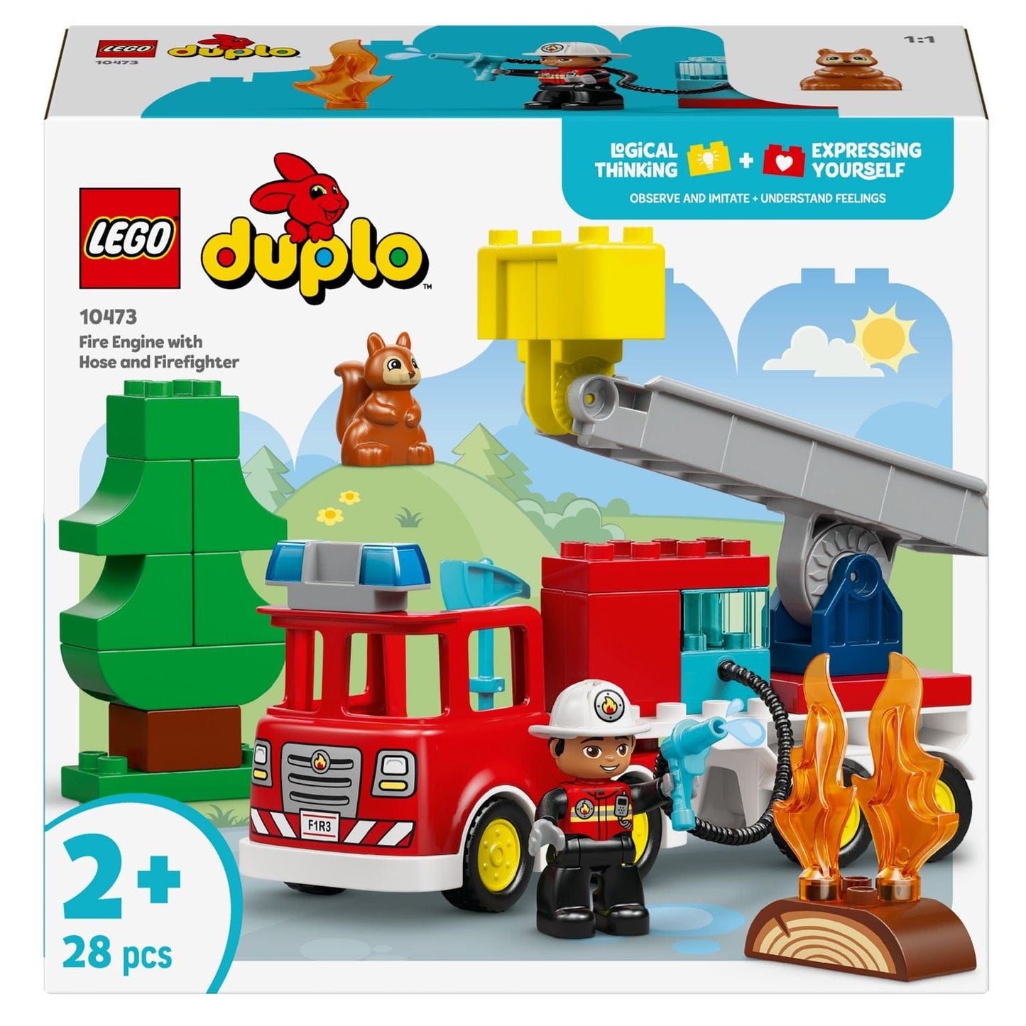 Lego Duplo camião de bombeiros com mangueira e bombeiro com chamas árvore e esquilo