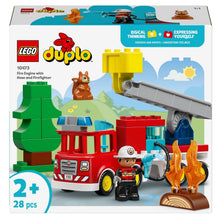 Lego Duplo camião de bombeiros com mangueira e bombeiro com chamas árvore e esquilo