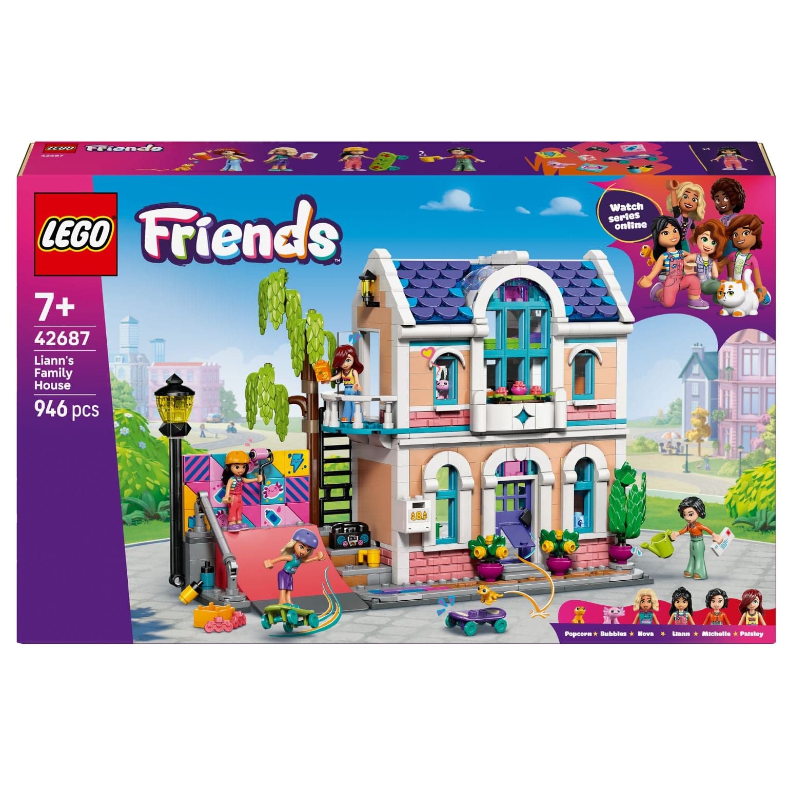 Lego Friends Casa da Família da Liann com casa pastel, rampa de skate e personagens Friends