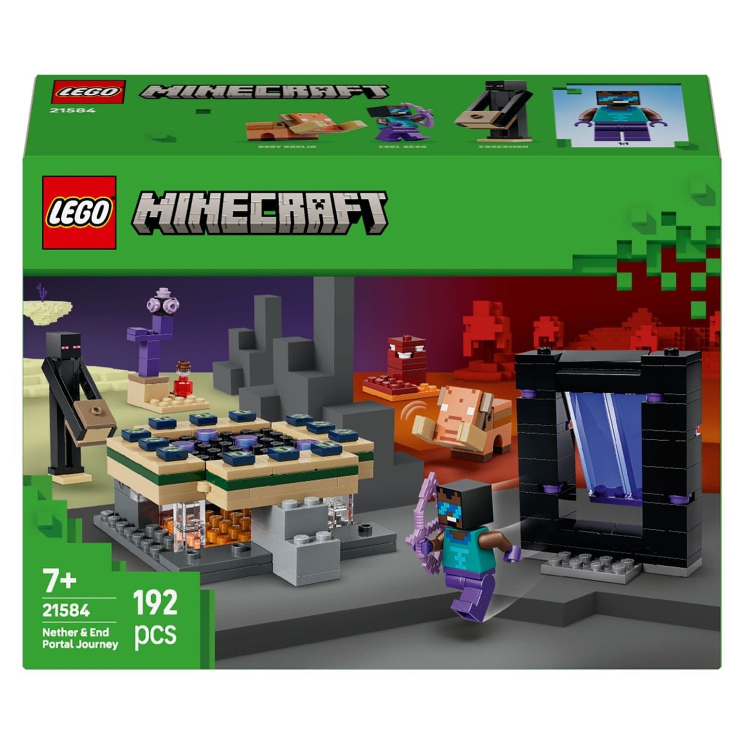 Lego Minecraft Jornada em Nether e Portal do End com portal, personagens Minecraft e cenário de aventura