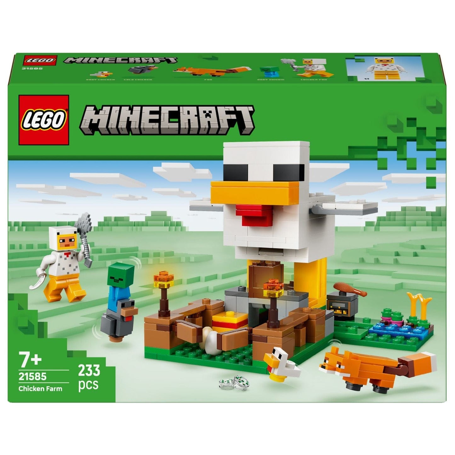 Lego Minecraft Quinta da Galinha com galinha grande, raposa e personagens em cenário de quinta