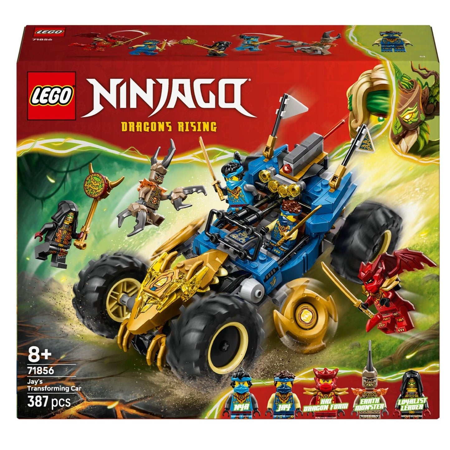 Lego Ninjago Carro Transformável do Jay com figuras ninja e veículo azul e dourado