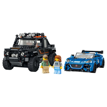 Land Rover Defender preto e Jaguar Project 7 azul em Lego com duas minifiguras