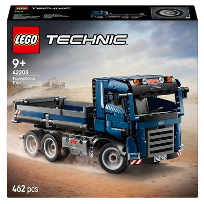 Lego Technic Camión Volquete Inclinable azul en escenario de obra