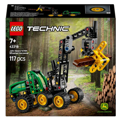 Lego Technic Cosechadora con Ruedas John Deere 1470H verde y amarillo con brazo articulado y garra sujetando troncos
