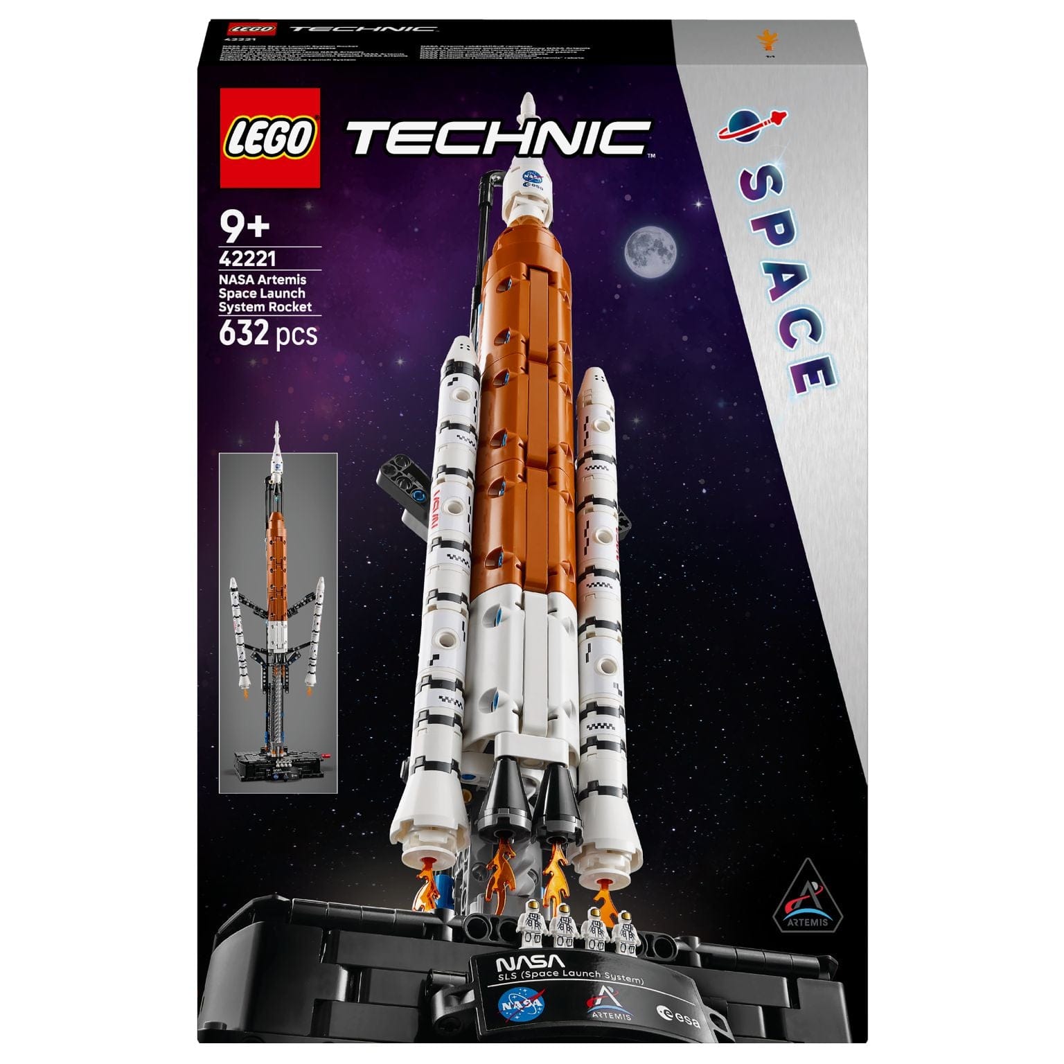Lego Technic Foguetão do Sistema de Lançamento Espacial NASA Artemis montado em base de lançamento com tema espacial