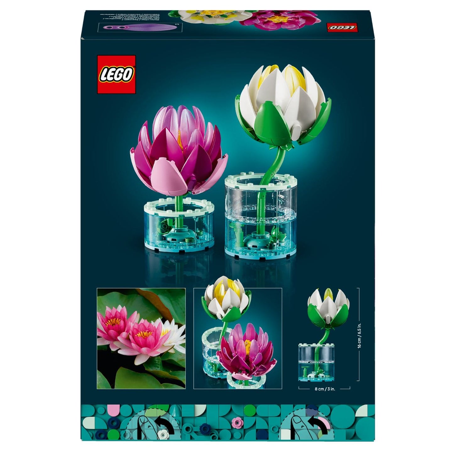 Detalhe do LEGO Botanicals Nenúfares em composição floral
