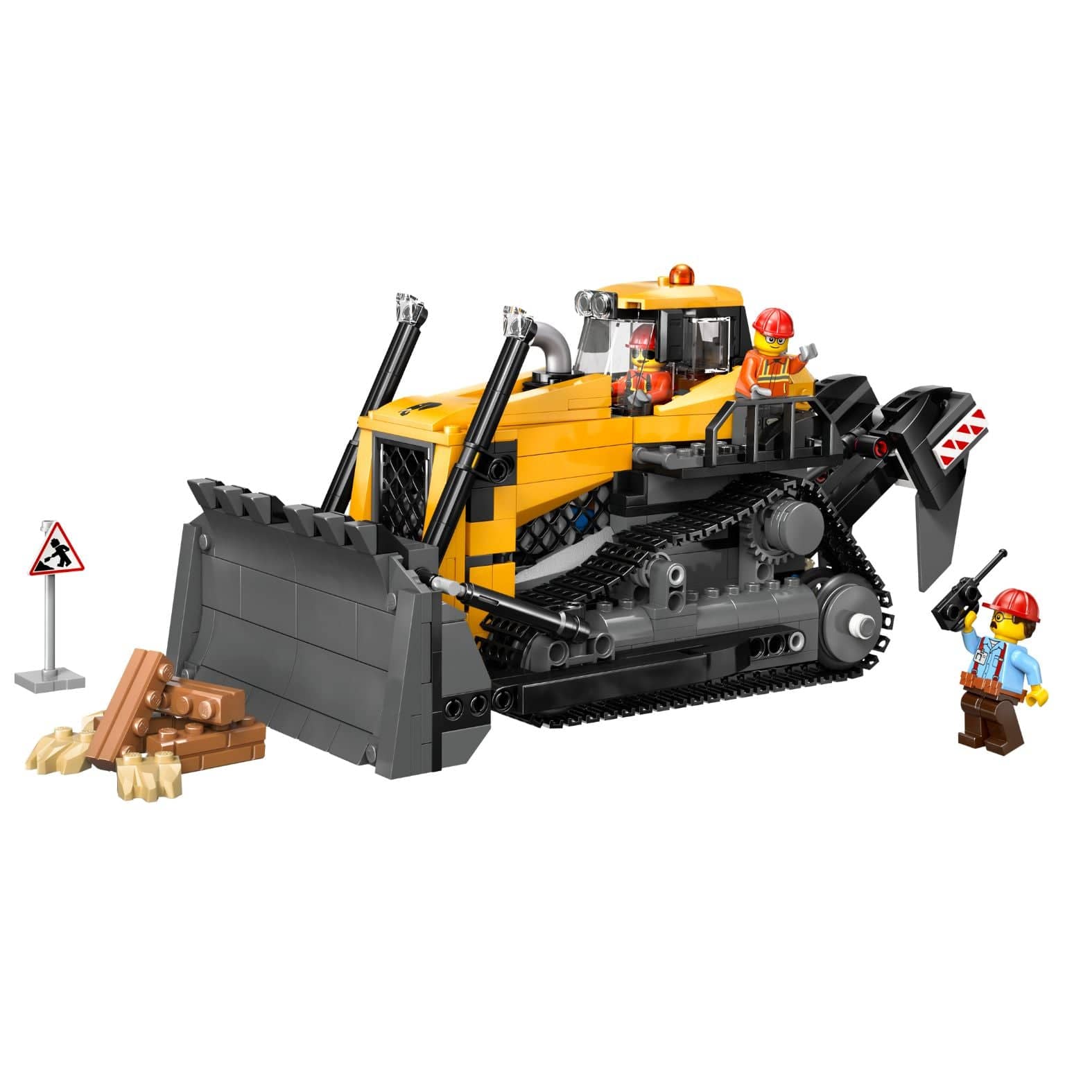 Lego City - Buldózer Amarelo com figuras de construção e lâmina frontal em cenário de obra