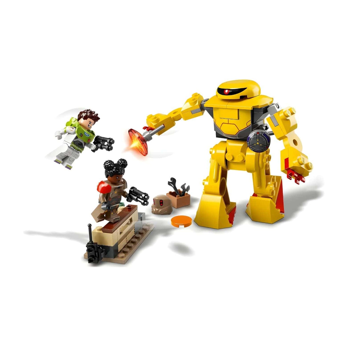 Lego Disney Buzz Lightyear Caça ao Zyclops com Buzz, Izzy e vilão amarelo em cenário de missão
