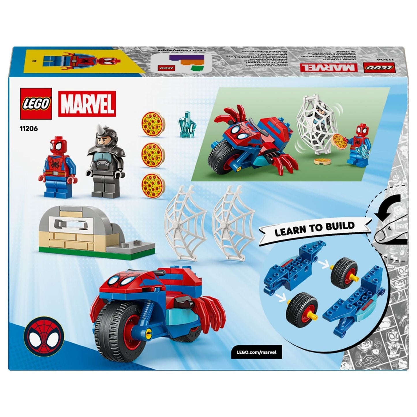 Lego Marvel Spidey na sua mota contra Rhino com teia e acessórios de brincadeira