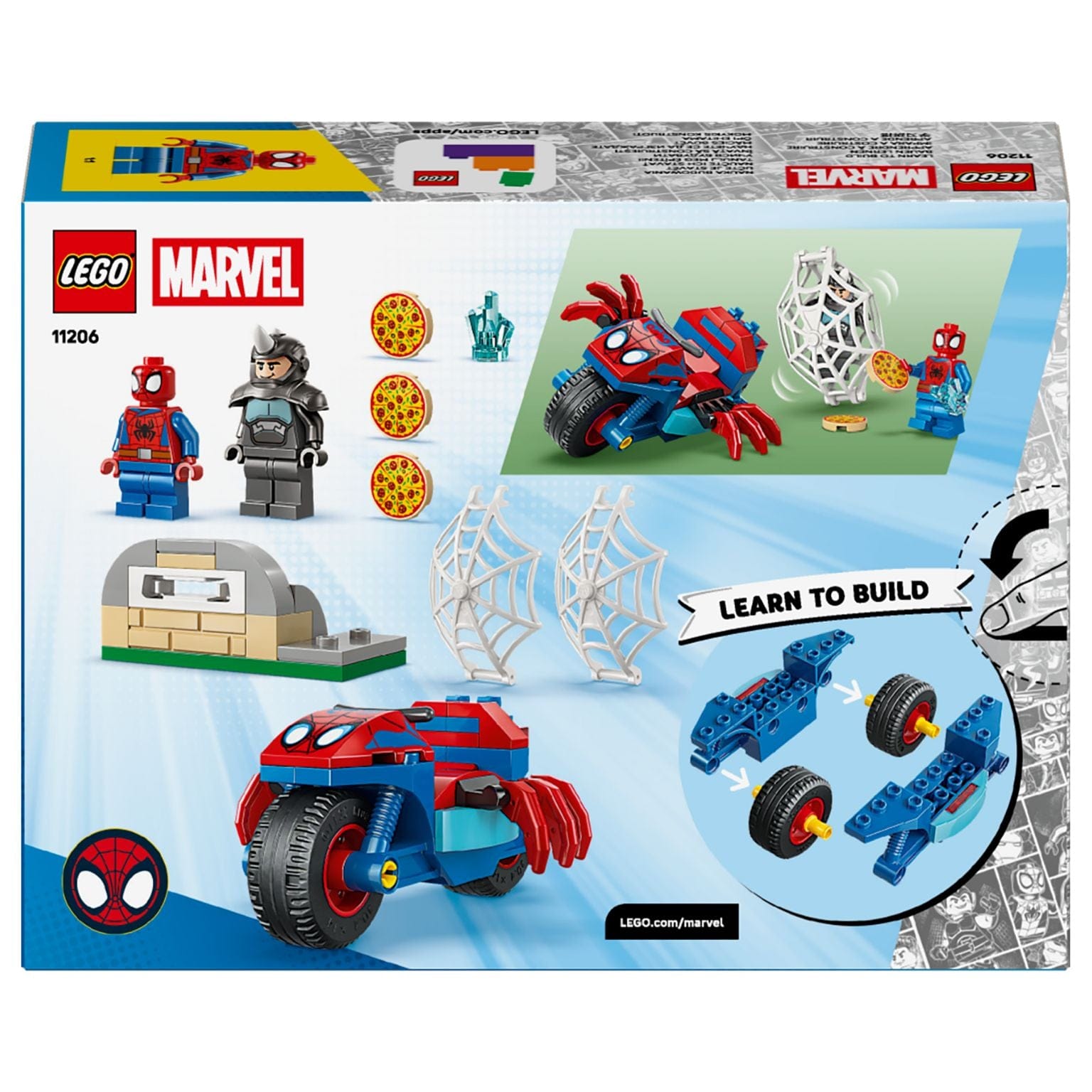 Lego Marvel Spidey na sua mota contra Rhino com teia e acessórios de brincadeira