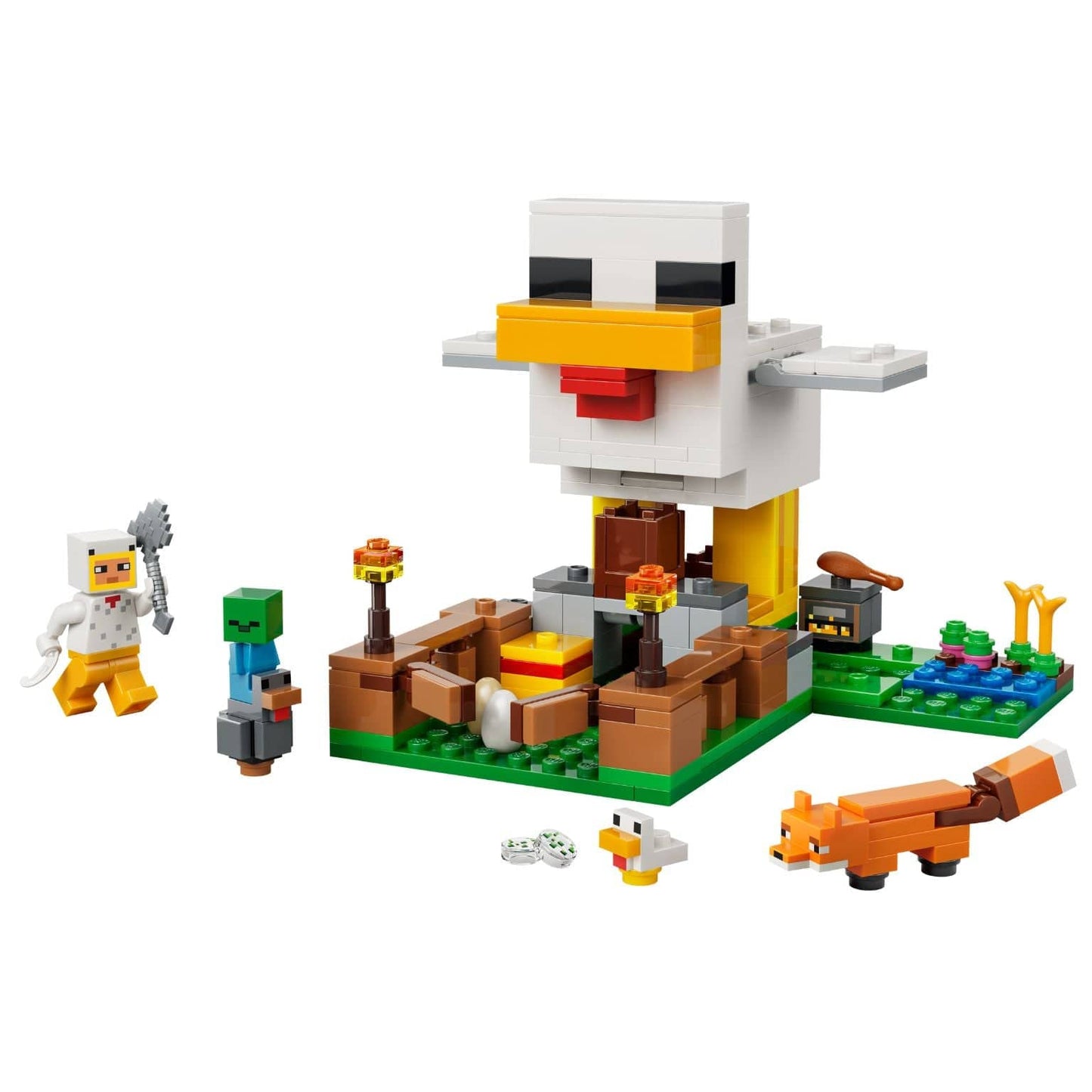 Lego Minecraft Quinta da Galinha com galinha grande, raposa e personagens em cenário de quinta