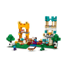 LEGO Minecraft A Caixa de Crafting 4.0 montada com casas e minifiguras