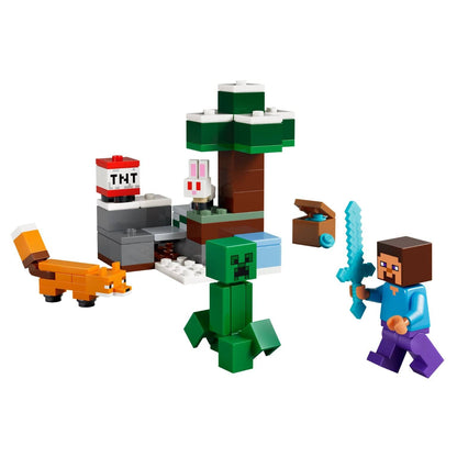 Lego Minecraft Aventura en Taiga del Steve con Steve, Creeper, zorro, conejo y escenario de taiga