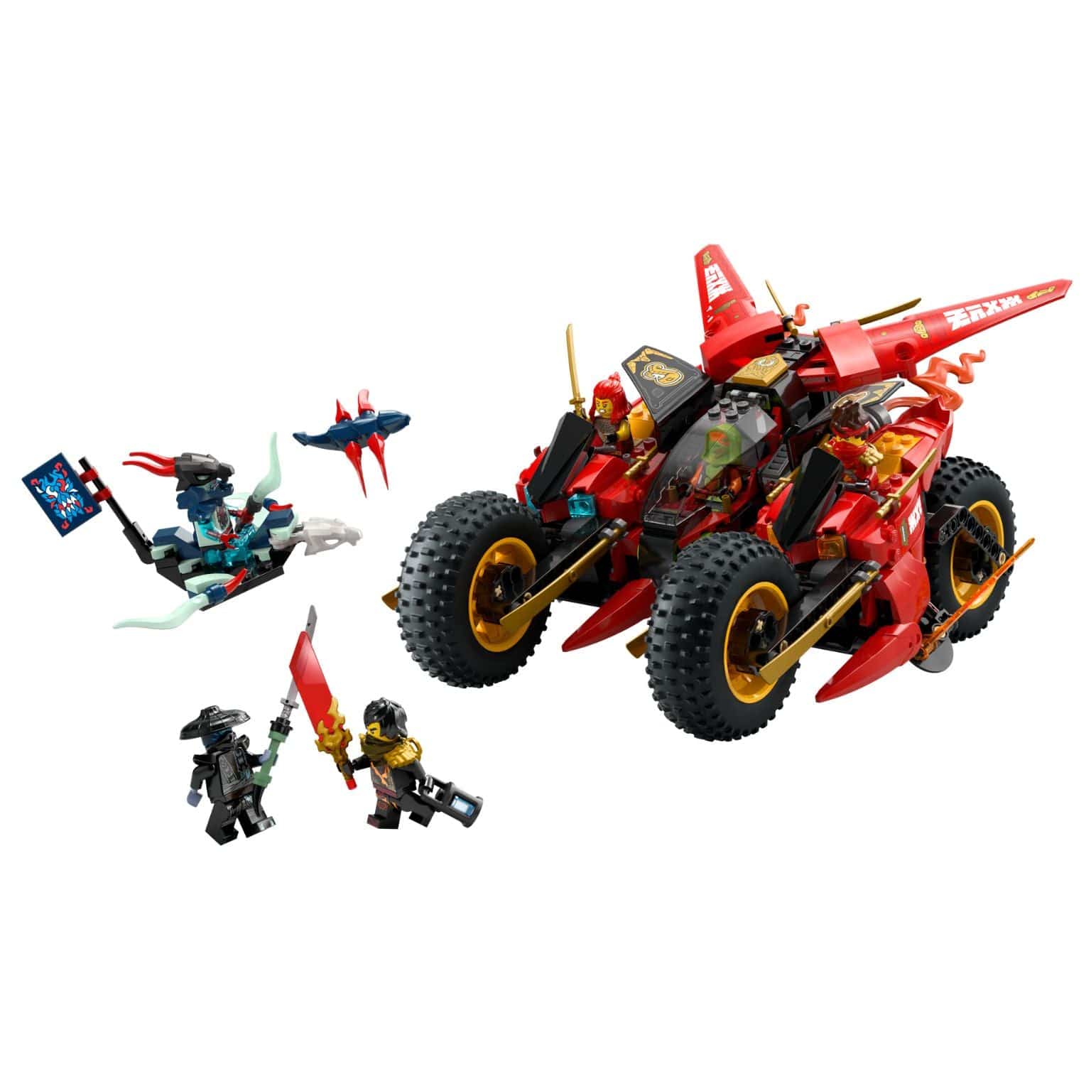 Lego Ninjago Veículo de Combate Ninja em vermelho com minifiguras em ação
