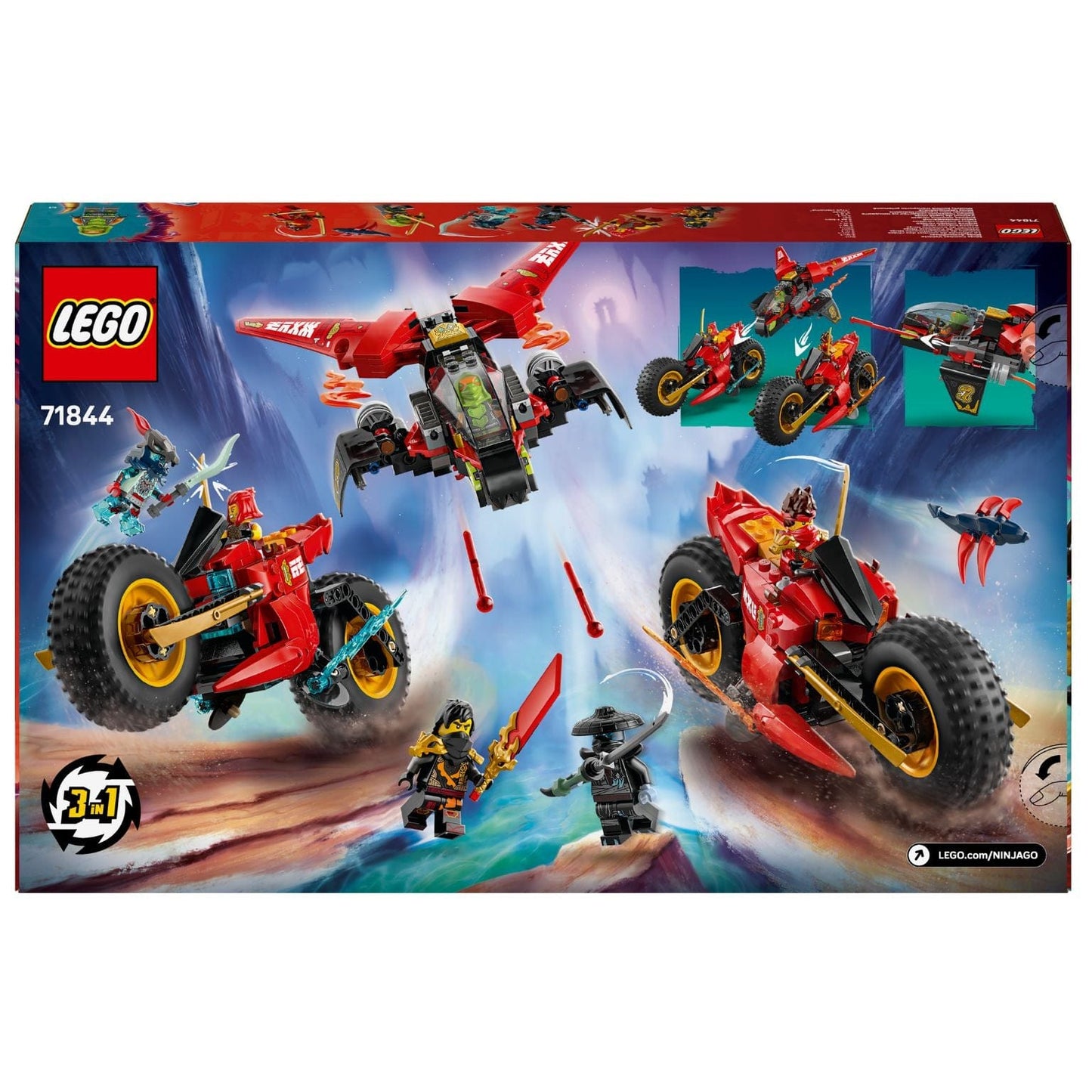 Lego Ninjago Veículo de Combate Ninja em vermelho com minifiguras em ação
