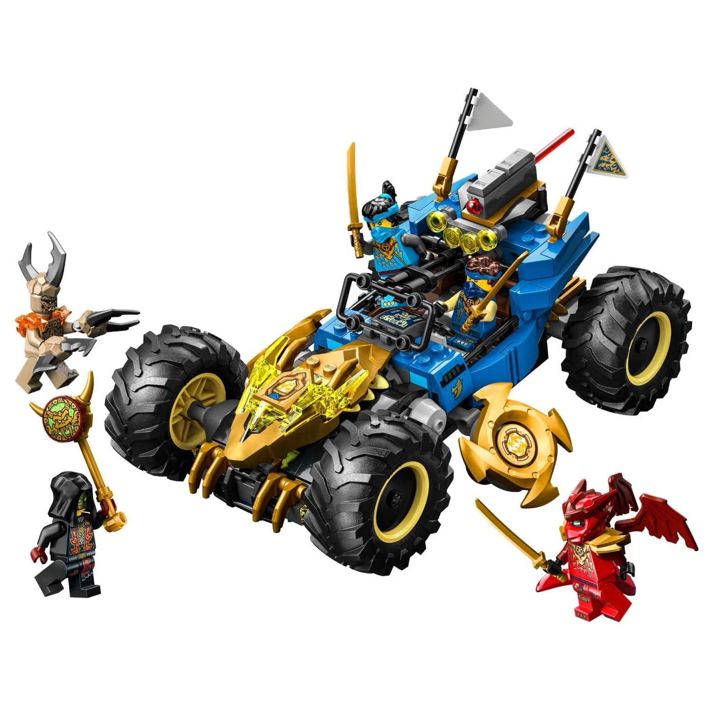 Lego Ninjago Carro Transformável do Jay com figuras ninja e veículo azul e dourado