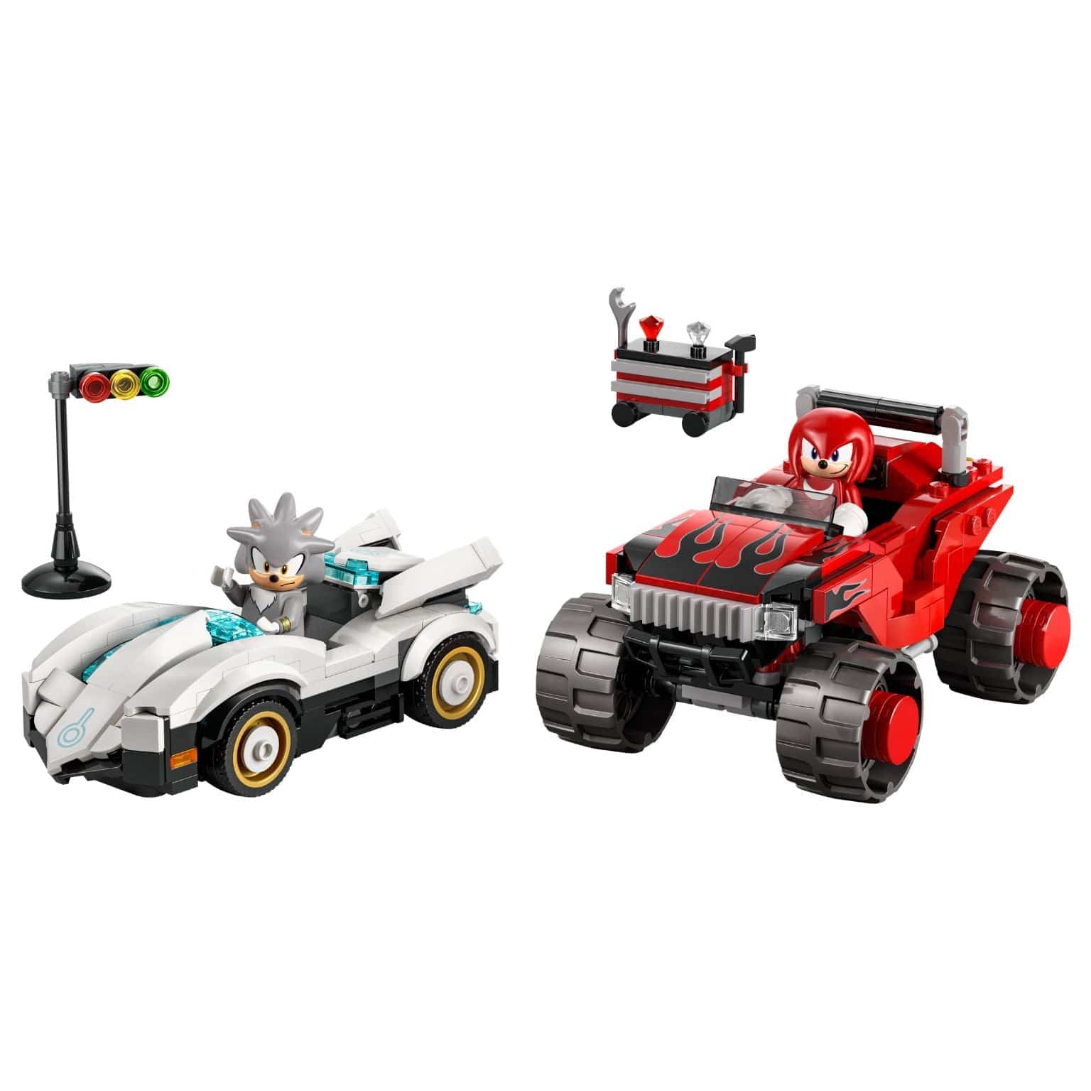 Lego Sonic Carro do Silver contra Monster Truck do Knuckles com veículos e acessórios de corrida