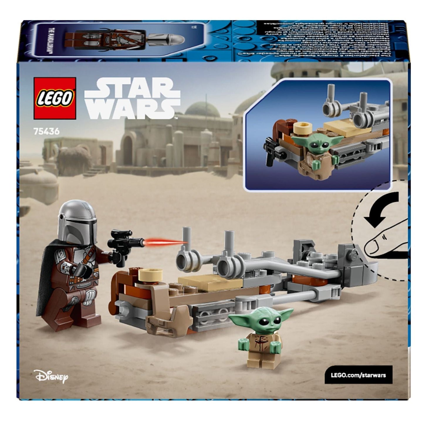 Lego Star Wars Speeder Bike de The Mandalorian e Grogu com o Mandaloriano e Grogu em missão de aventura