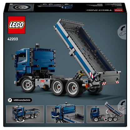 Lego Technic Camión Volquete Inclinable azul en escenario de obra
