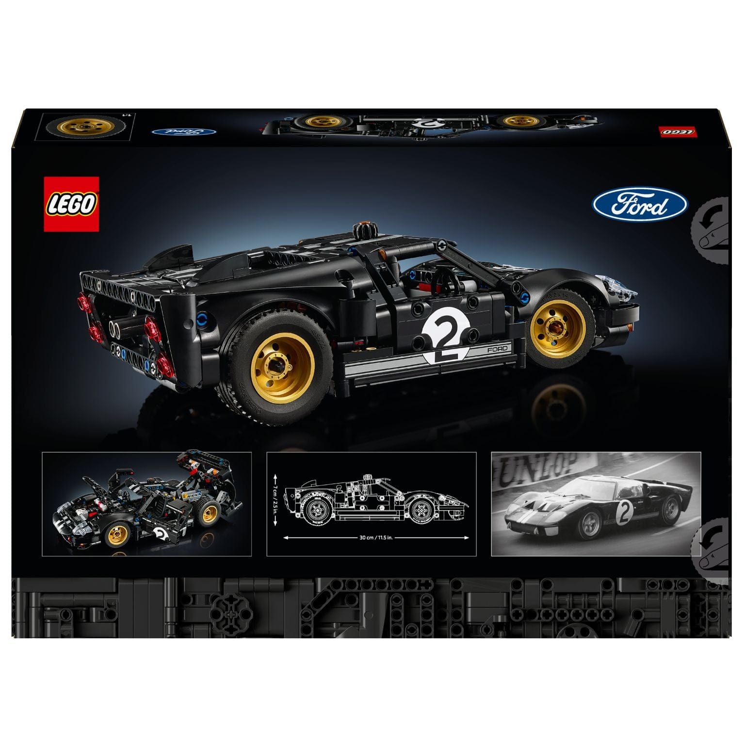 Lego Technic Carro de Corrida 1966 Ford GT40 MKII preto com riscas e rodas douradas