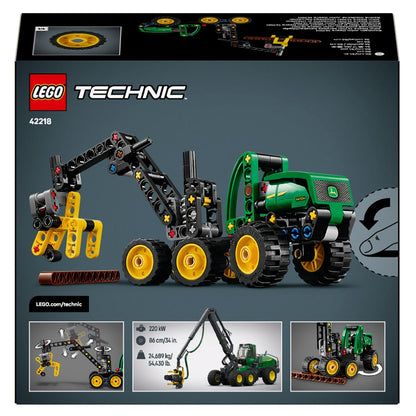 Lego Technic Cosechadora con Ruedas John Deere 1470H verde y amarillo con brazo articulado y garra sujetando troncos