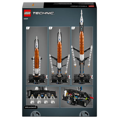 Lego Technic Cohete del Sistema de Lanzamiento Espacial NASA Artemis montado en base de lanzamiento con temática espacial
