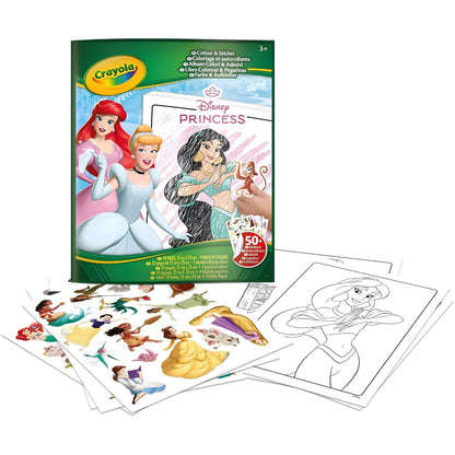 Libro de actividades Princesas Disney de Crayola con Ariel, Cenicienta y Jasmine en la portada y hojas de pegatinas y dibujos para colorear