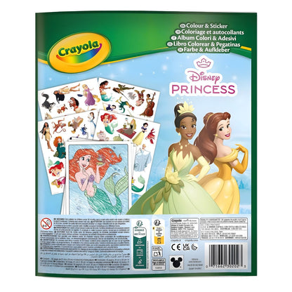 Libro de actividades Princesas Disney de Crayola con Ariel, Cenicienta y Jasmine en la portada y hojas de pegatinas y dibujos para colorear