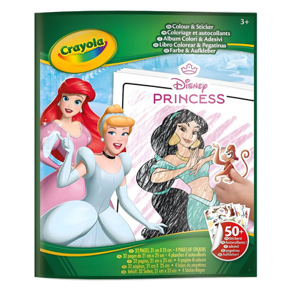 Libro de actividades Princesas Disney de Crayola con Ariel, Cenicienta y Jasmine en la portada y hojas de pegatinas y dibujos para colorear